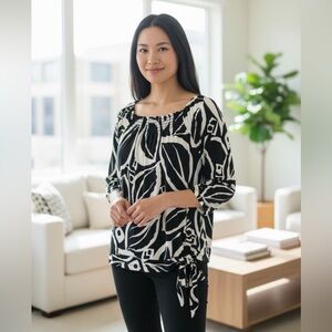 Peck & Peck Black White Leaf, Print, Banded Waist Side Tie Med.